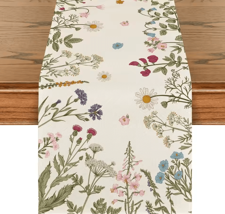 Spring Daisy Linen Table Runner – Floral Farmhouse Dining Table Decor