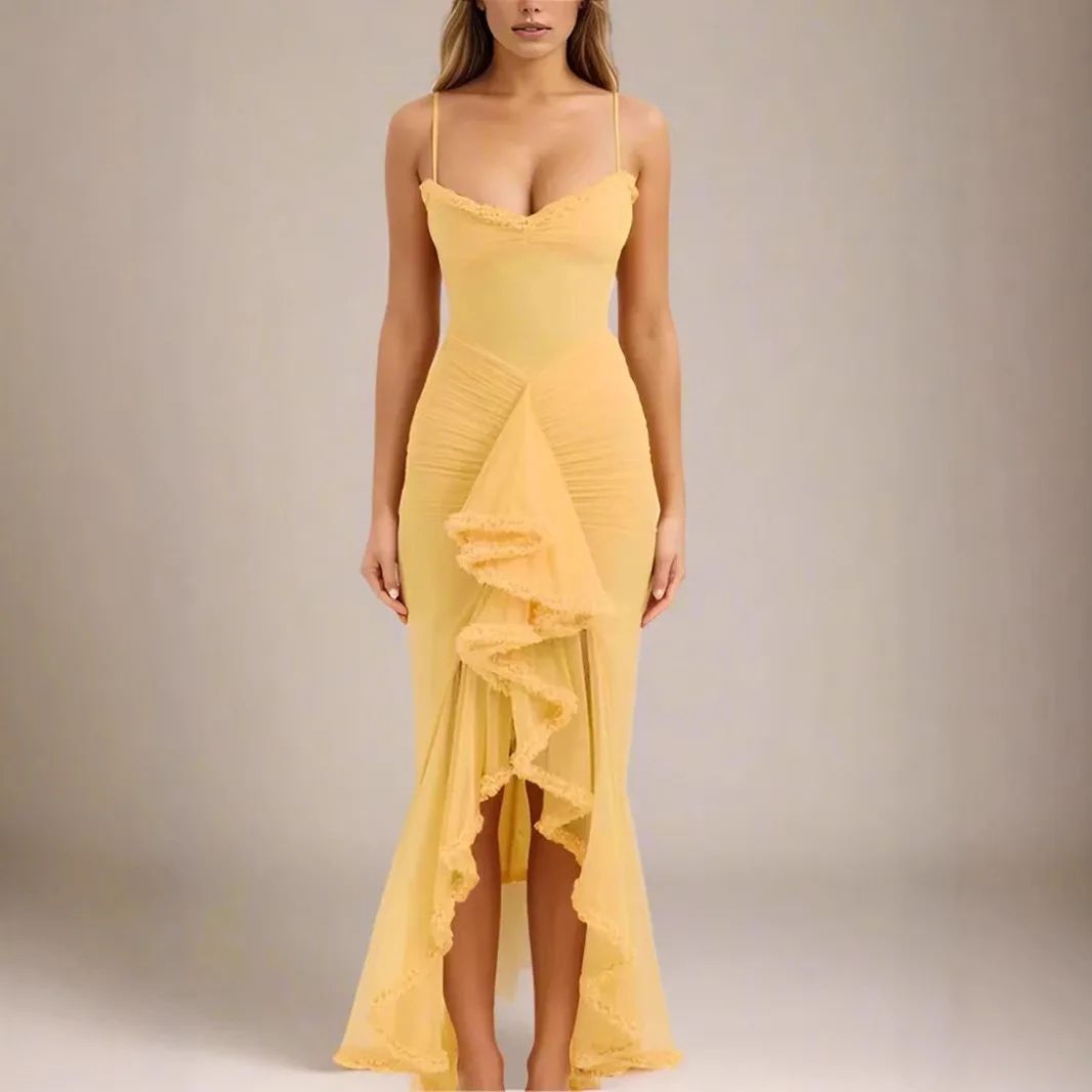 Elegant Ruched Mesh Camisole Dress – Ruffled Sleeveless Flowy Party Dress