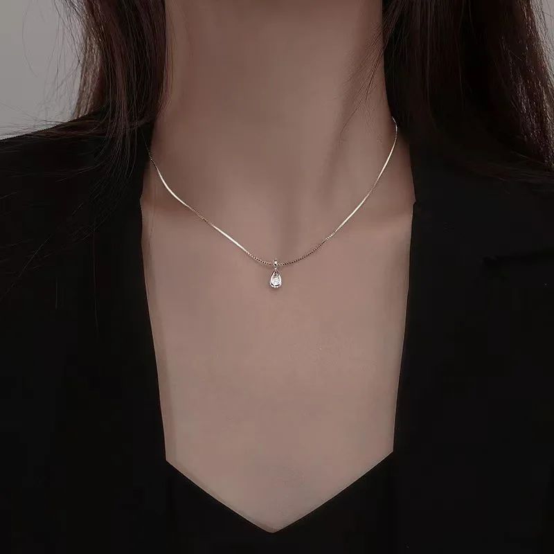 925 Sterling Silver Zircon Water Drop Necklace – Minimalist Geometric Collarbone Chain for Women