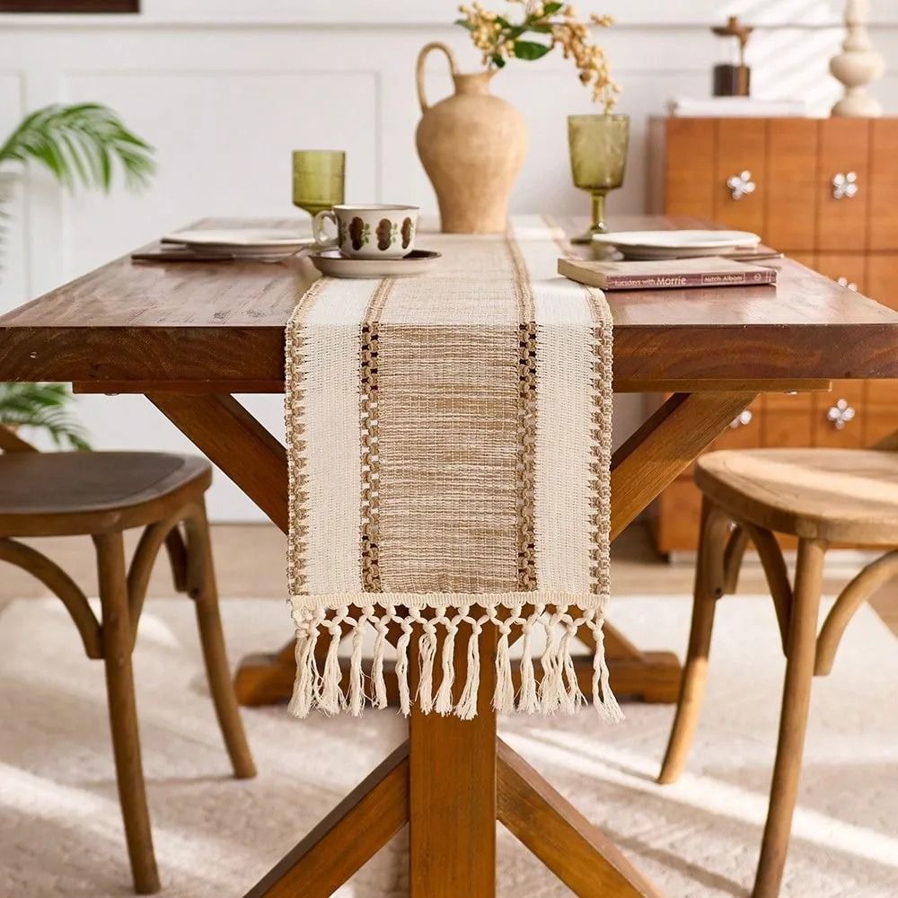 Nordic Boho Striped Green Table Runner | Hand-Woven Tassel Decor | Rustic Spring Home & Coffee Table Runner