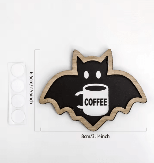 Cute Wooden Halloween Bat Decor – Coffee-Themed Hanging Stickers for Home & Kitchen
