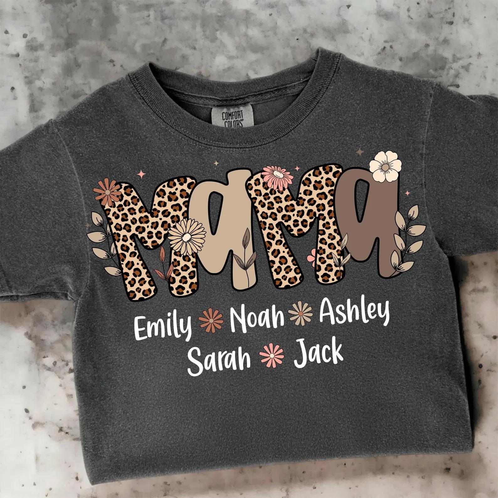 Personalized Mama Leopard Print Sweatshirt with Kids Names Custom Mom Pullover Gift
