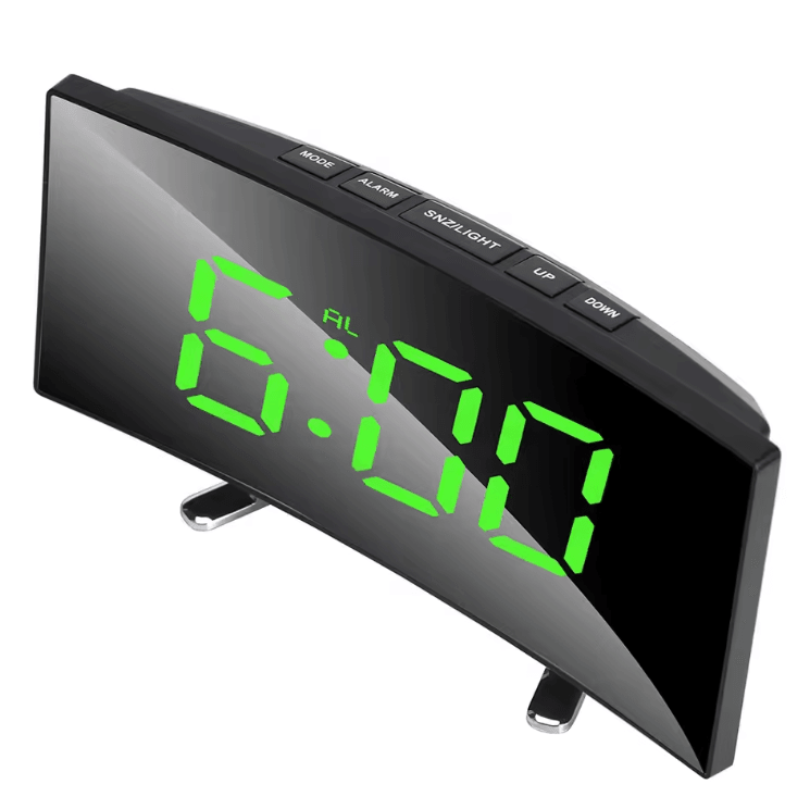 Curved LED Mirror Alarm Clock – Modern LED mirror clock with Dimmable Display & Smart Alarm Function