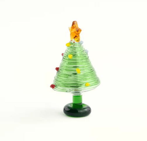 KANGMING Hand Blown Glass Christmas Tree Figurine – Mini Holiday Desktop Decoration