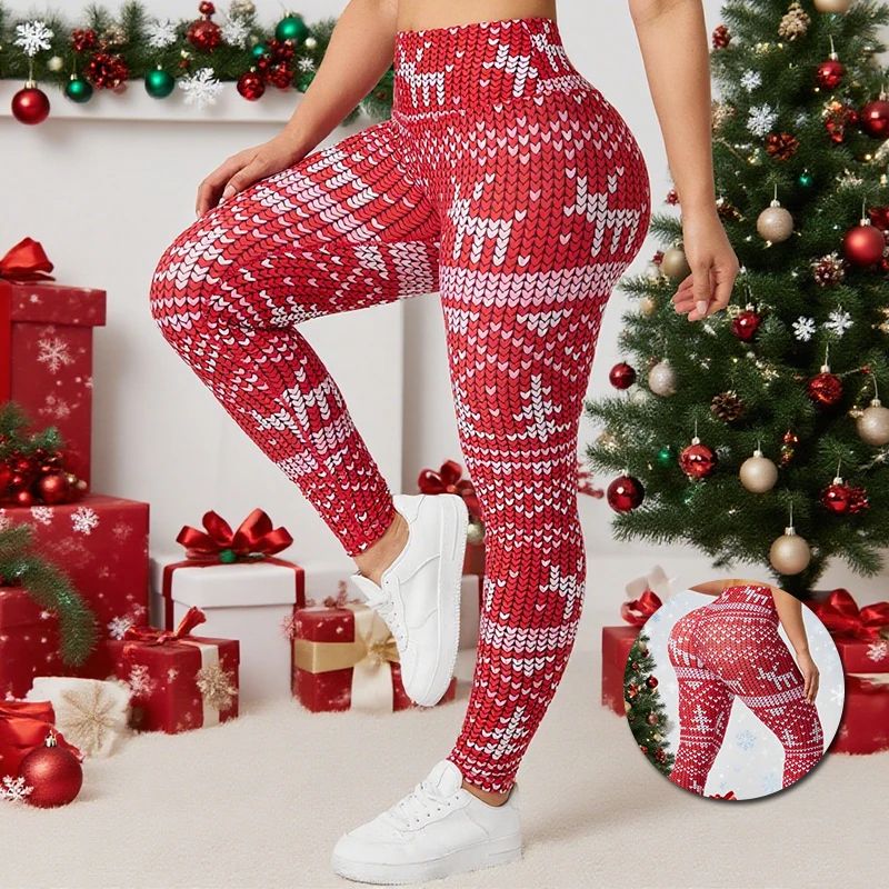 Christmas Print High Waist Tummy Control Leggings for Women – Festive Hip Lifting Yoga Pants