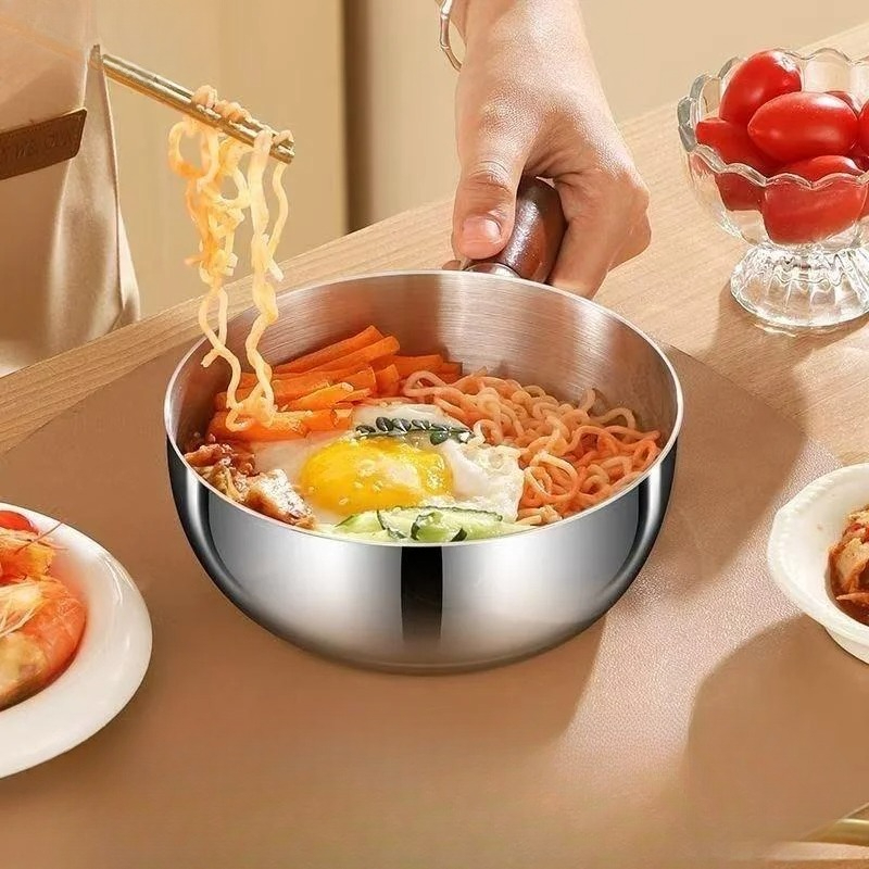 Stainless Steel Saucepan with Glass Lid & Wooden Handle Multipurpose Cooking Pot for Frying, Sauteing & Serving Food