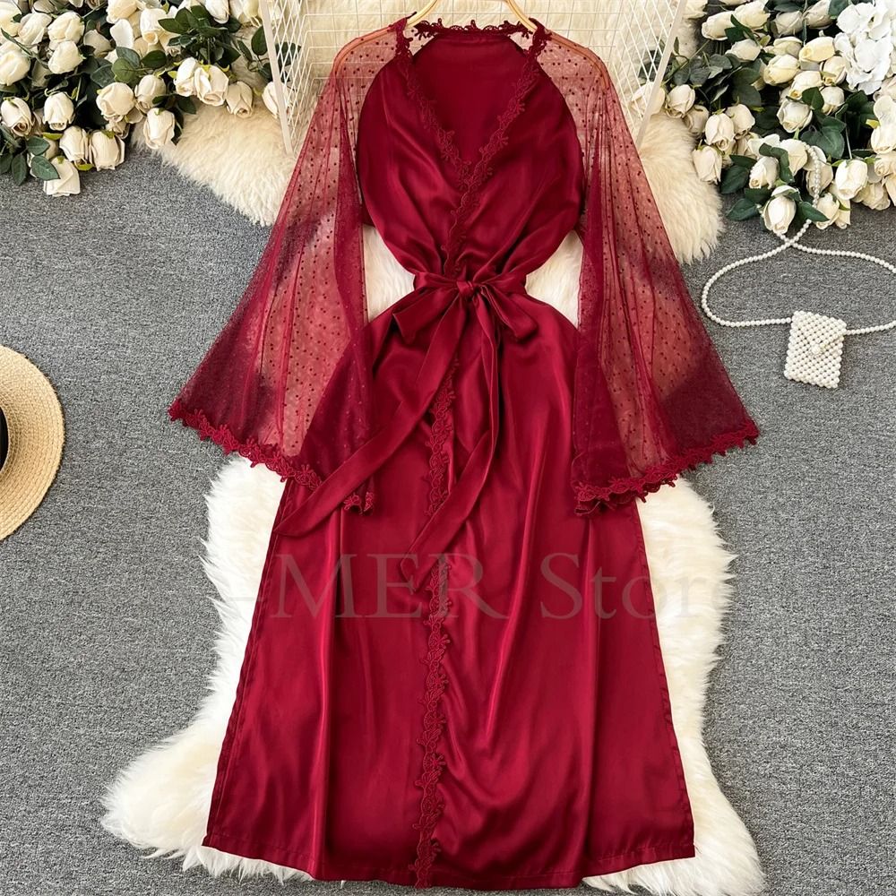Sexy Embroidered Edge Kimono Robe – Professional Silk Satin Long Gown with Mesh Sleeves