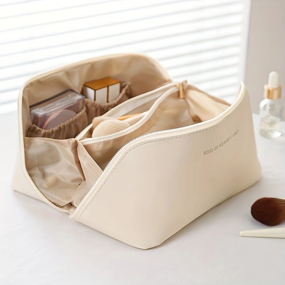 LuxeGlide PU Leather Makeup Organizer Bag – Spacious Travel Cosmetic & Toiletry Storage Case with Zipper