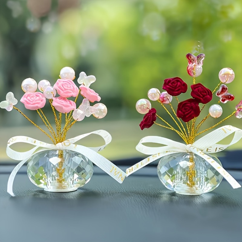 Crystal Glass Rose Dashboard Ornament - Elegant Decor for Home Bedroom Car, Perfect Holiday Gift for Christmas.