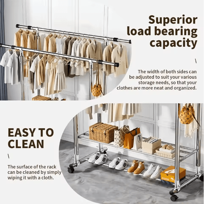 Adjustable Double Rod Rolling Garment Rack with Double Shoe Shelves 47.24-78.74in Wide
