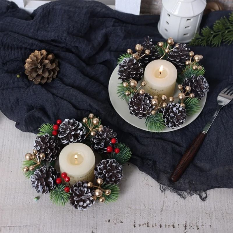 Christmas Candle Holder Wreath With Pine Cones And Berries Decoration