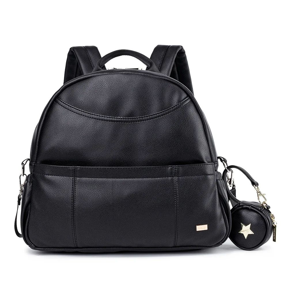 Modern Black PU Diaper Backpack Large Capacity Waterproof Baby Bag