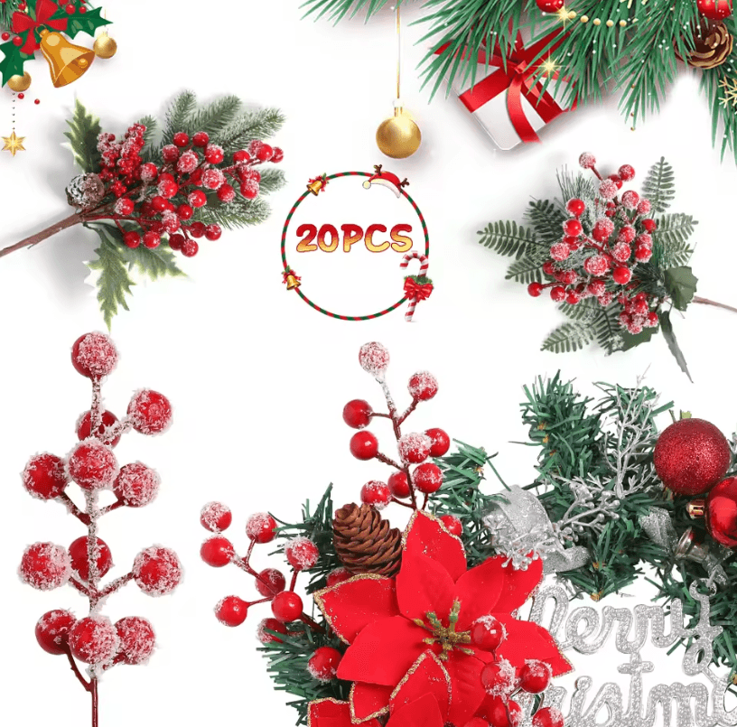 20pcs Artificial Red Berries Stems With Frosted Snow For Christmas Tree Decorations And Festive Holiday DIY Crafts
