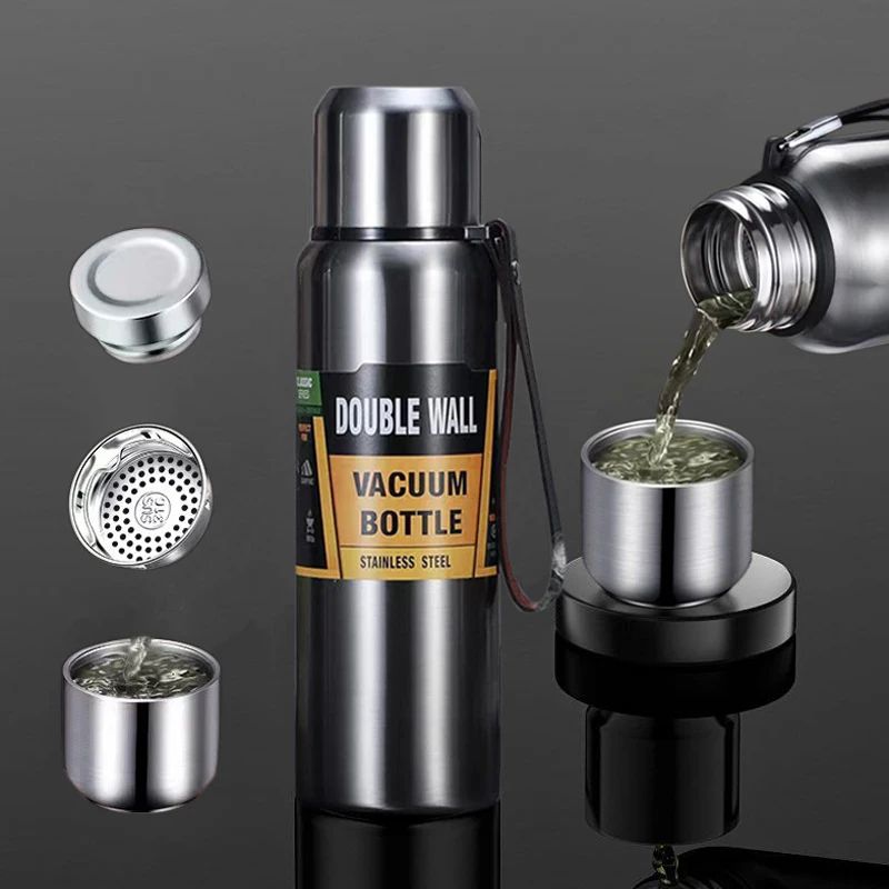 Stainless Steel Vacuum Thermos Bottle with Strainer – Large Capacity Insulated Tumbler with Carry Rope