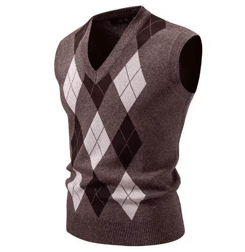 Mens Argyle Knit Vest V Neck Sleeveless Slim Fit Pullover Sweater