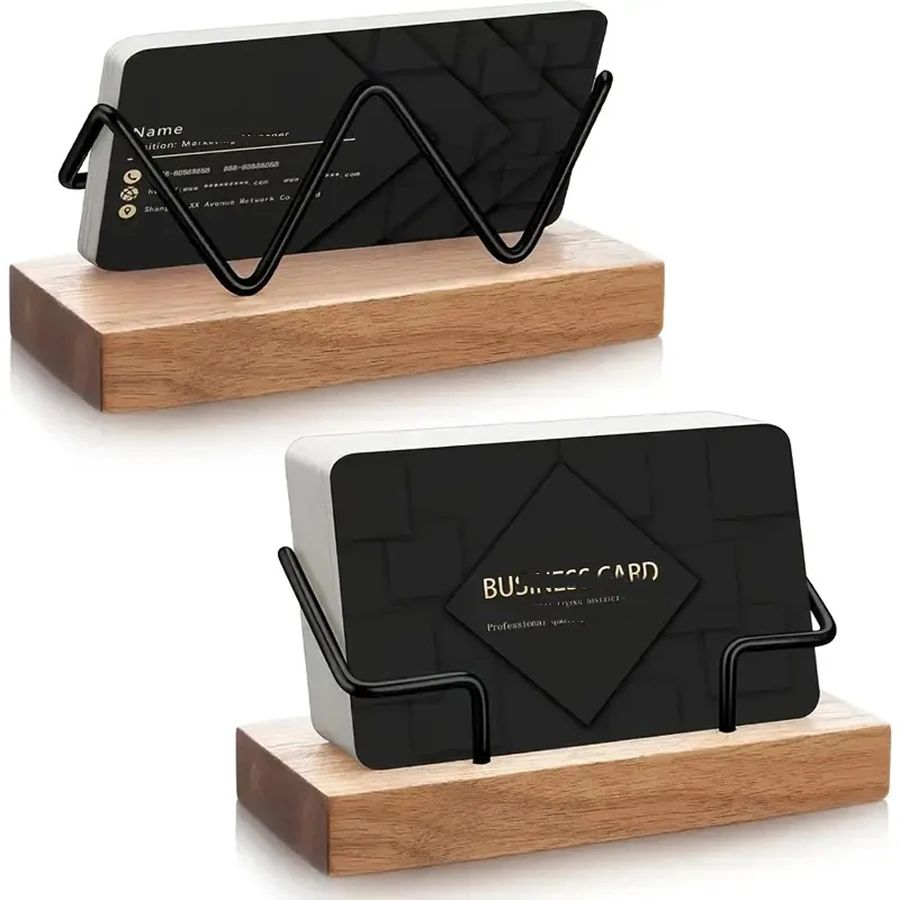 Premium Recycled Wood & Metal Business Card Holder – Desk Organizer & Business Card Display Stand