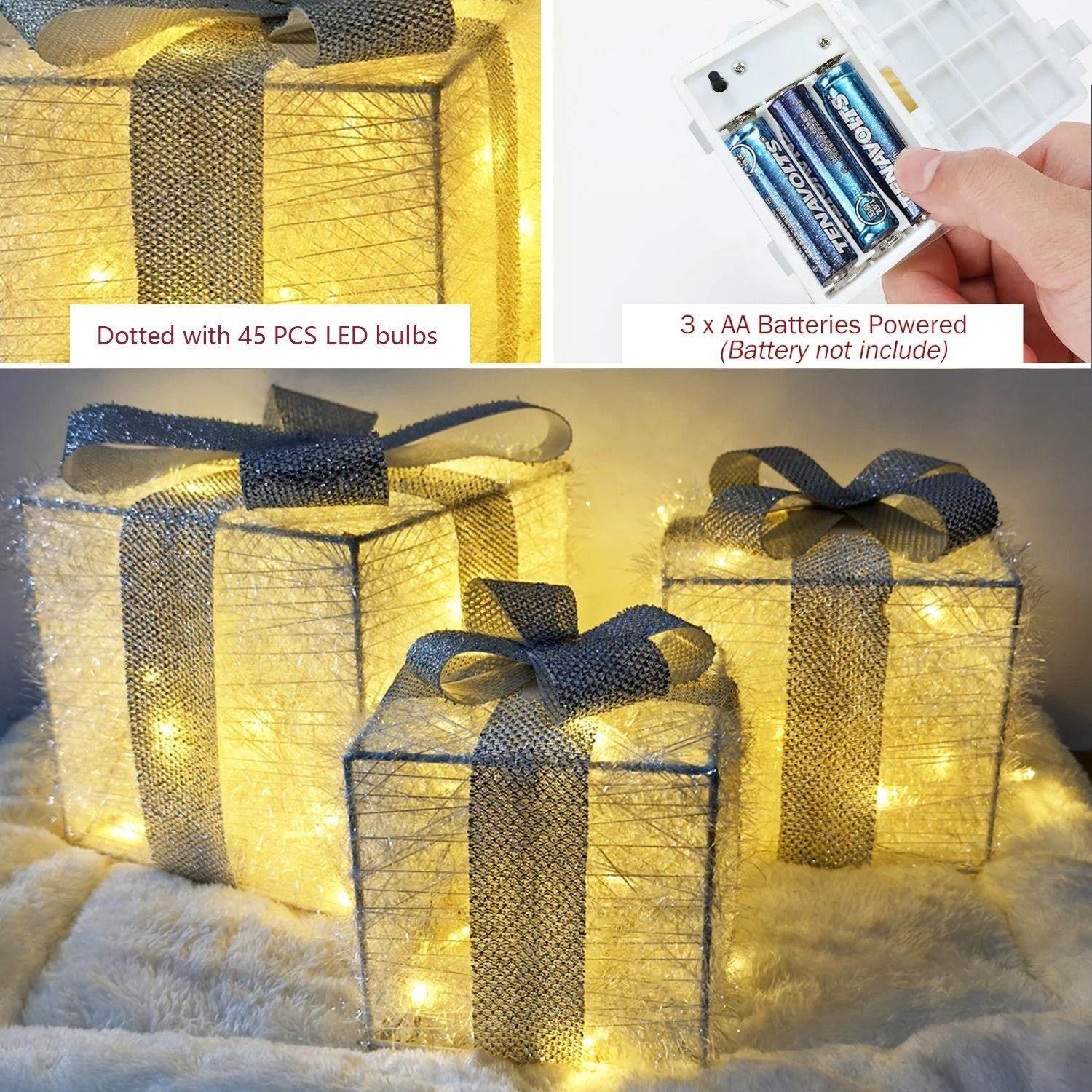 Set of 3 Christmas Lighted Gift Box Set LED Holiday Decoration for Home and Yard