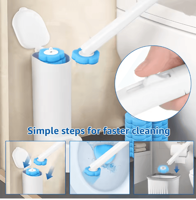 FreshClean Disposable Toilet Brush Kit Long Handle Replaceable Head Set