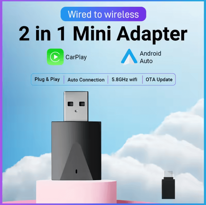 Mini Wireless Carplay Android Auto Adapter – Plug and Play 2 in 1 USB Dongle