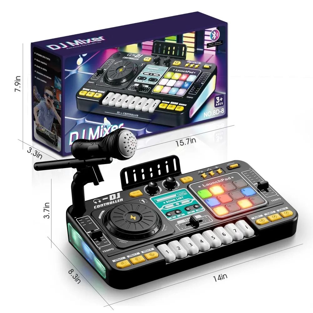 Kids DJ Mixer Keyboard with Microphone Bluetooth DJ Turntable Piano Set