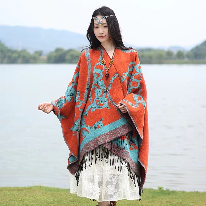 Luxury Jacquard Cashmere Poncho Cape, Thick Unisex Travel Shawl Wrap