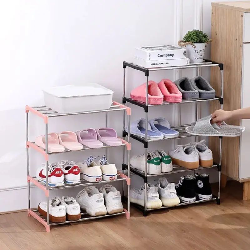 3-4 Tier Space Saving Shoe Rack Organizer, Multi-Layer Plastic Storage Shelf with Metal Pipes for Home Entryway