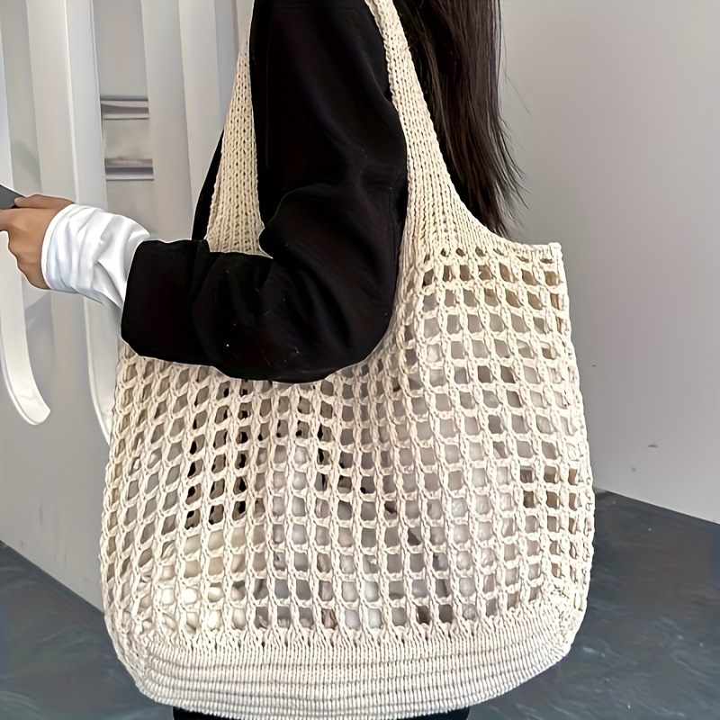 Large Crochet Tote Bag for Women Hollow Woven Shopping Bag with Comfortable Shoulder Strap for Travel & Everyday Use