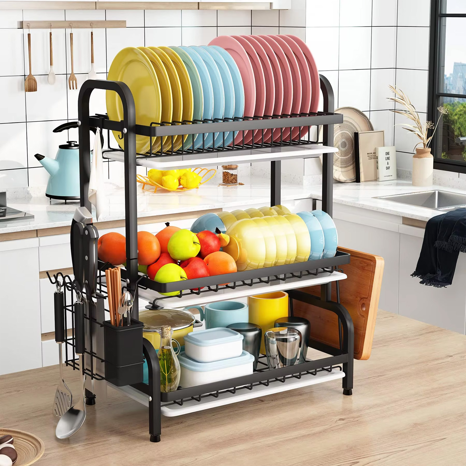 Dish Drying Rack with Tray Utensil Holder, Cutting Board Holder Drainboard Tray for Kitchen Organizer, Space-Saving