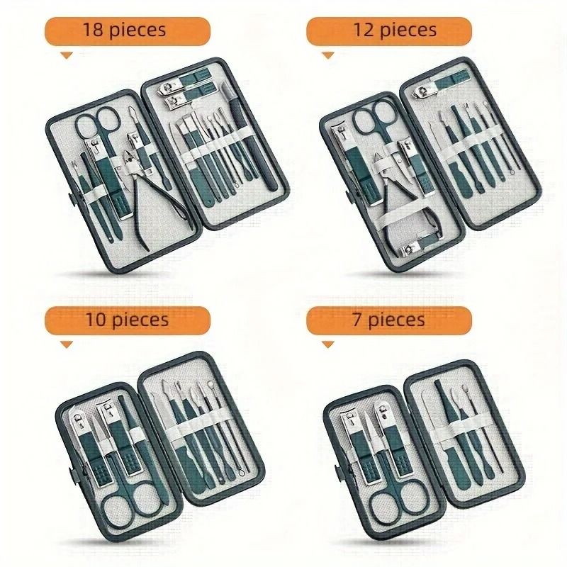 Professional Stainless Steel Nail Care Kit 7 10 12 18 PCS with Travel Case