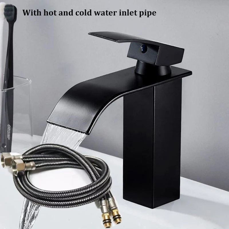 Matte Black Waterfall Bathroom Faucet with Hot & Cold Supply Lines