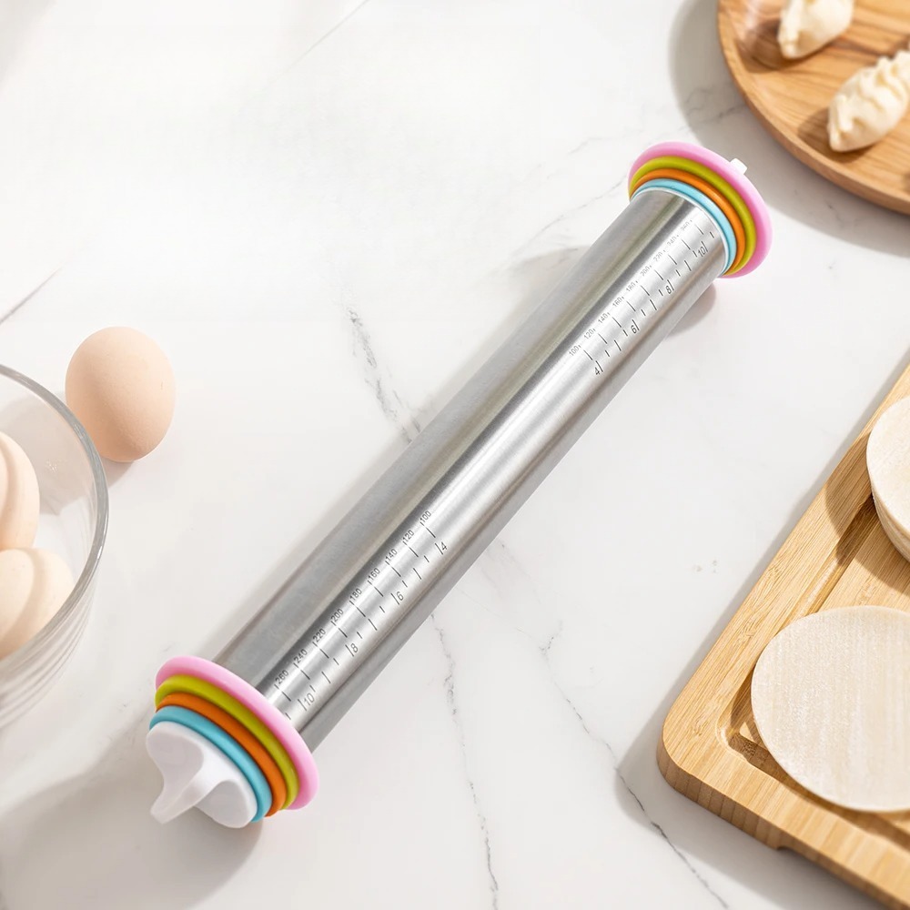 Stainless Steel Adjustable Rolling Pin, Thickness Rings, Dough Roller for Pizza Cookie Baking Tools