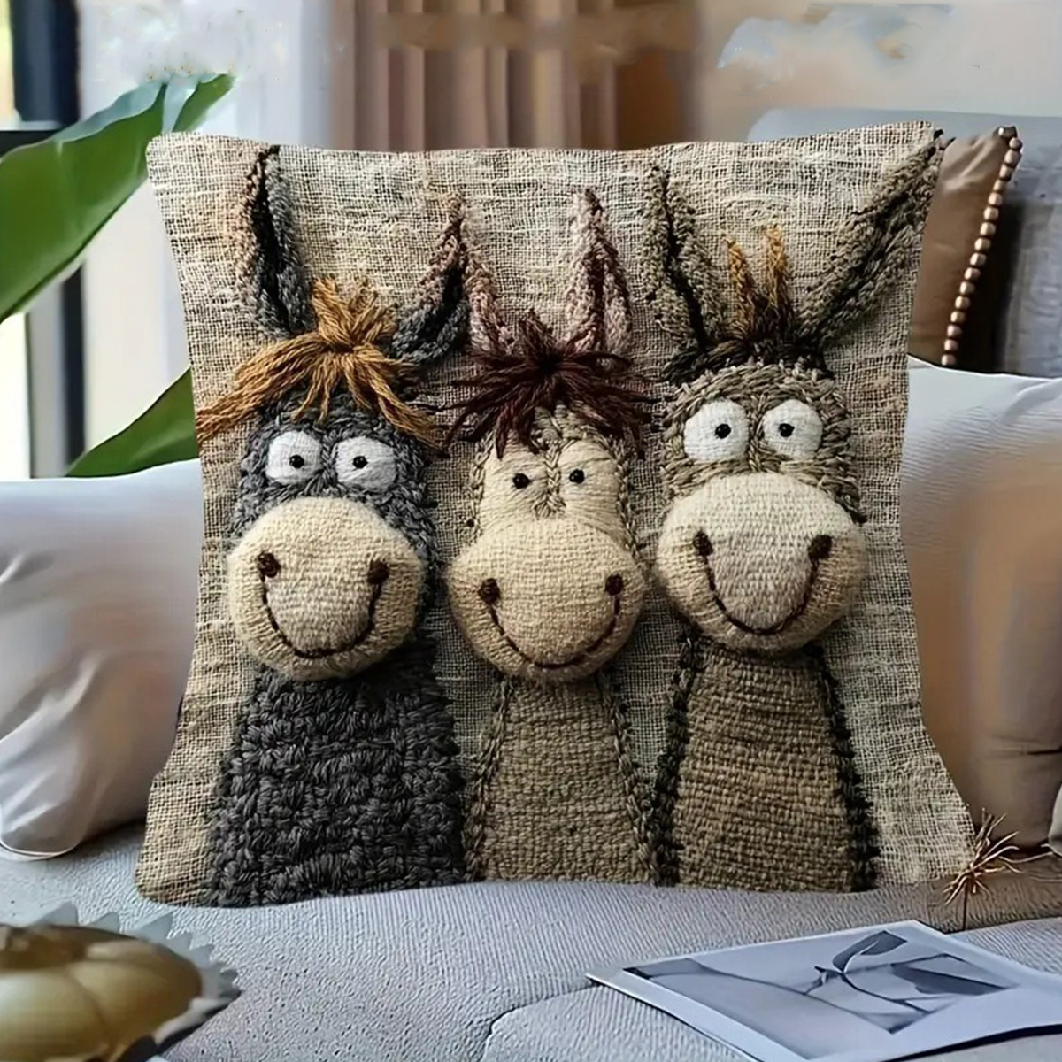 Cartoon Donkey Pillowcase, Short Plush Smiling Donkey Cushion Cover, Decorative Bed Pillow Case for Home