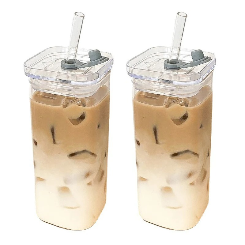Heat Resistant Square Glass Coffee Cup with Lid, Straw for Milk Tea, Juice, and Drinkware