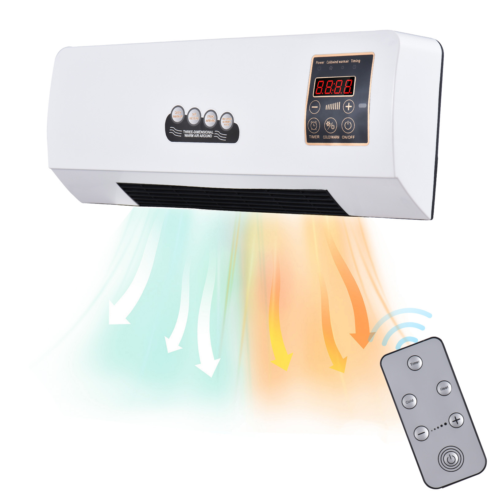 New Wall Mounted Space Heater and Fan Combo with Remote Control and Timer Electric Wall Heater