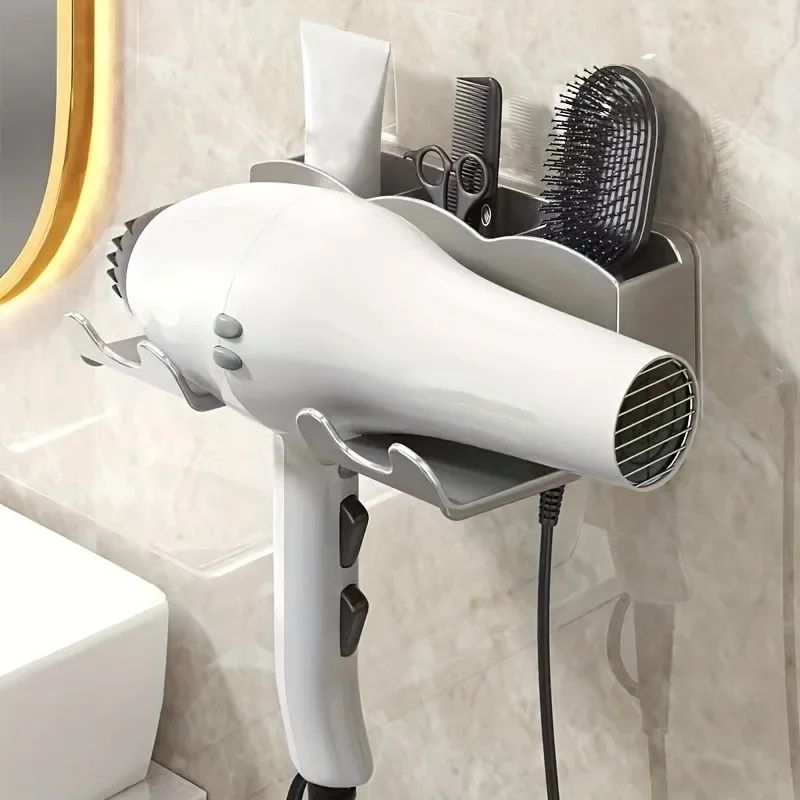No-Drill Wall Mounted Hair Dryer Holder with Storage Rack – Space-Saving Bathroom Organizer