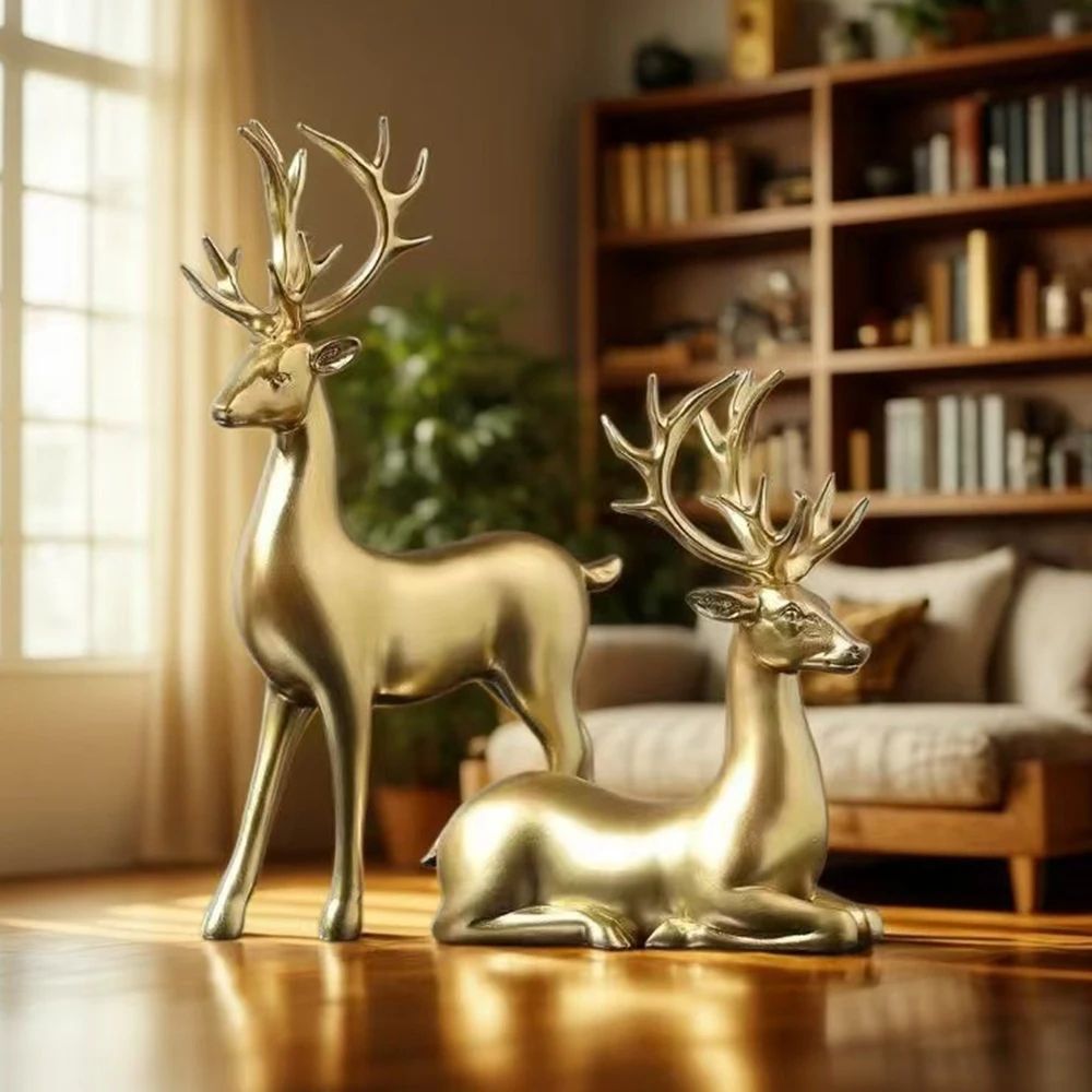 Gold Reindeer Christmas Table Decor Set – 2pcs Elegant Elk Statues for Holiday Home & Office Styling