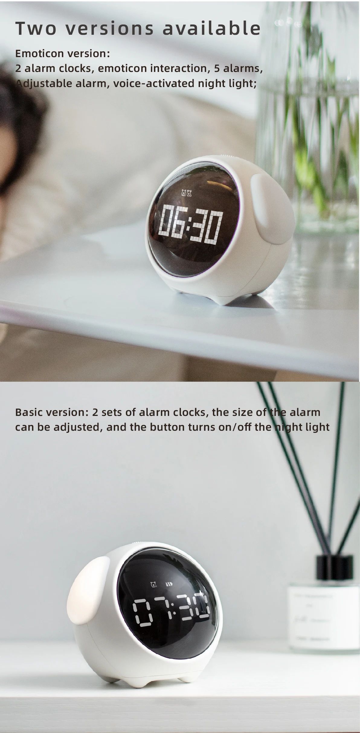 Cute Kids Digital Alarm Clock with Light and Emoji Display