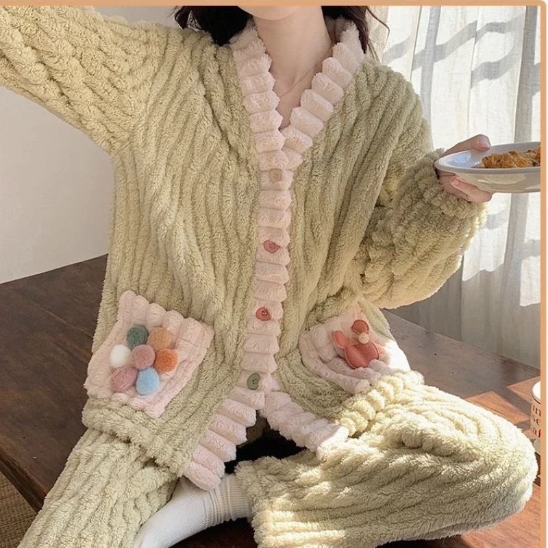 Womens Winter Flannel Pajama Set With Cardigan