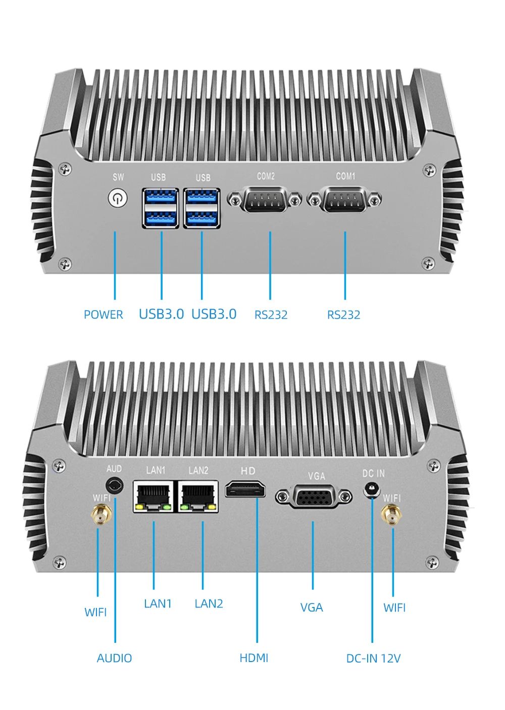 XCY Fanless Industrial Mini PC with Intel i7, Dual LAN & RS232