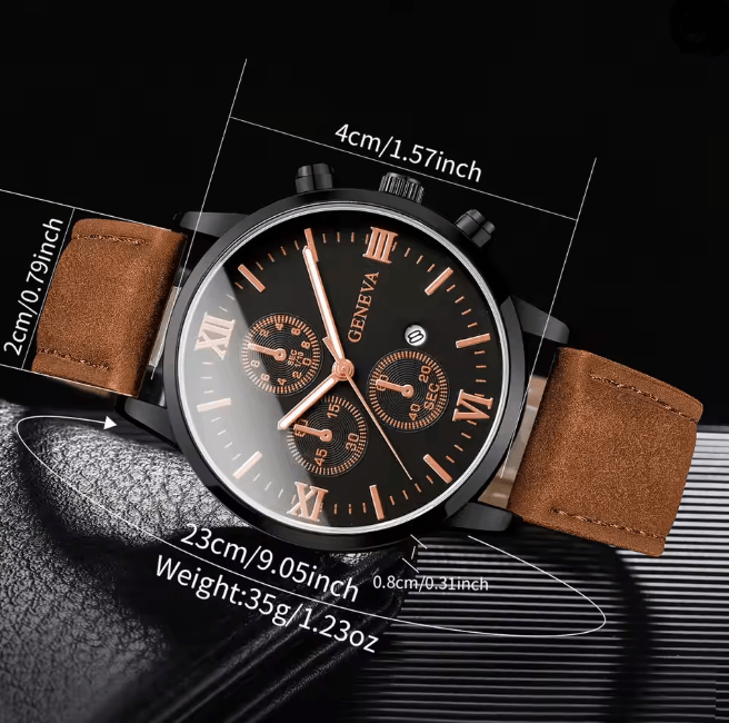 Mens Roman Dial Quartz Watch Leather Band Business Style