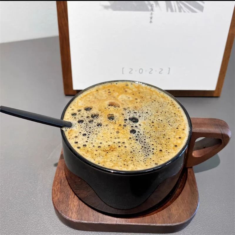 Glass American Latte Coffee Cup with Wooden Tray