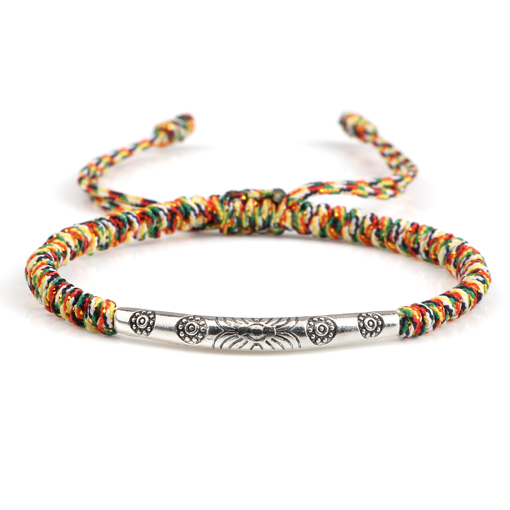 Handmade Woven Lucky Rope Chain Bangle Bohemia Long Tube Carved Flower Pendant Bracelet Jewelry Gift
