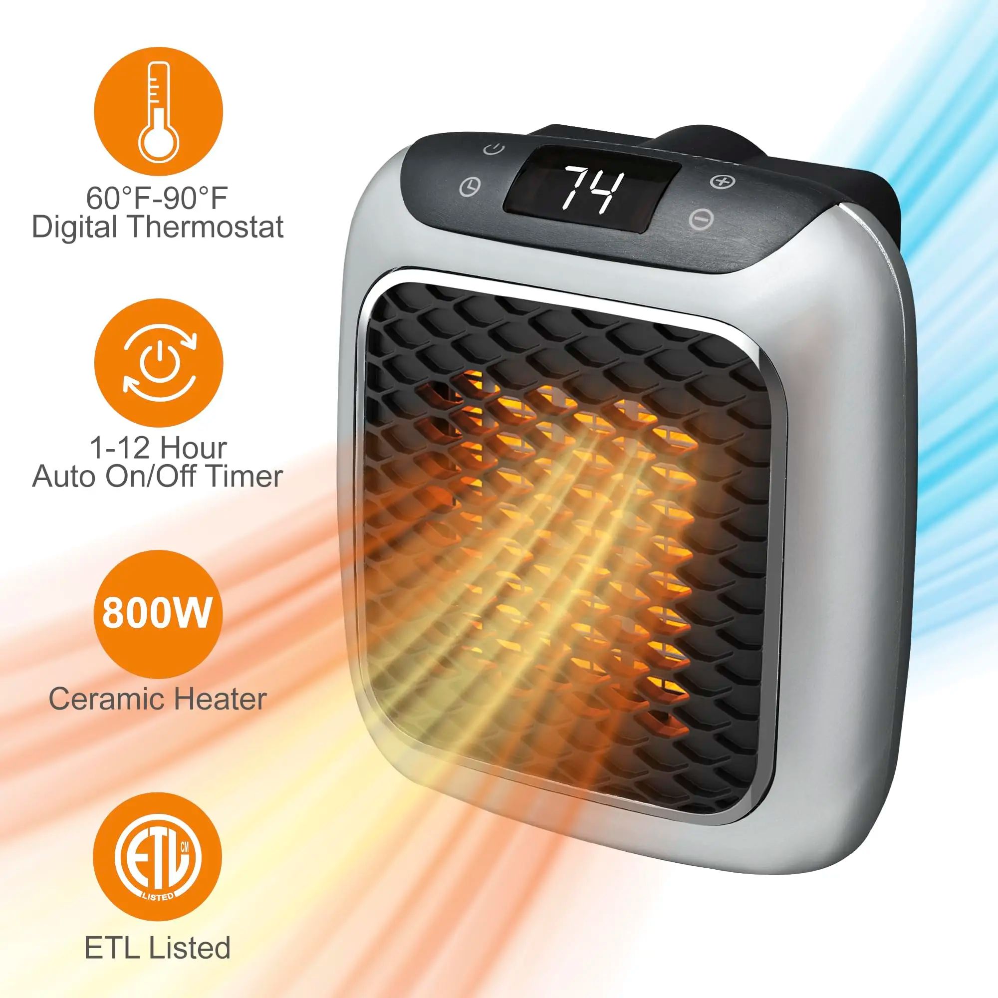 Portable wall outlet space heater with Adjustable Thermostat & 12-Hour Timer - Compact Plug-In Mini Ceramic Heater