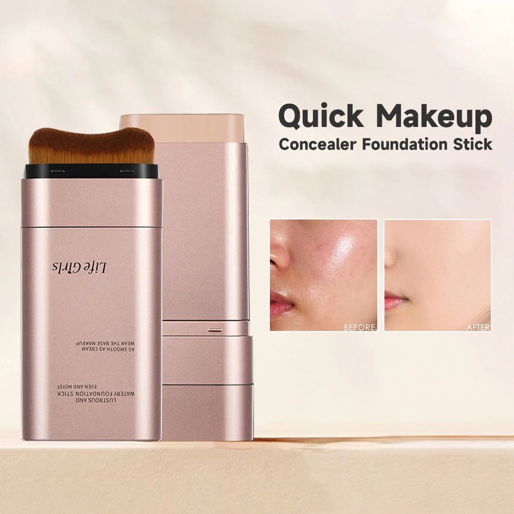 Life Girls Double Ended Foundation Stick with Brush, Cream Concealer Coverage, Natural Long Wear Finish