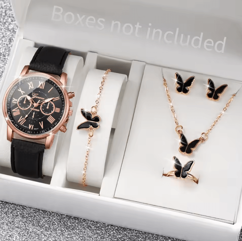 Fashion Womens Quartz Watch Set with Leather Bands and Heart Rhinestone Accent (5/6 PCS)