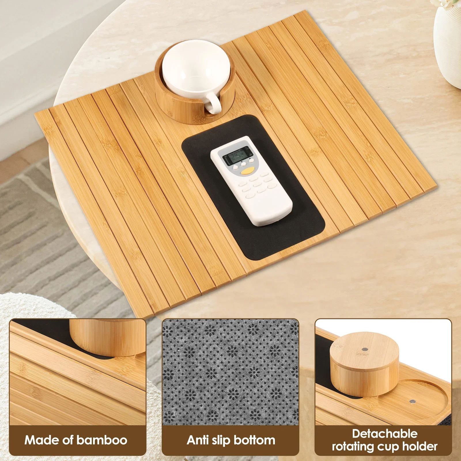 Bamboo Sofa Armrest Cup Holder Tray
