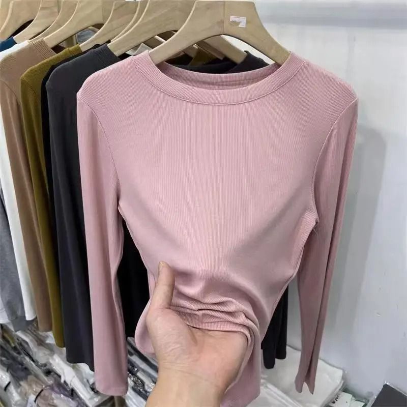 Womens Slim Fit O-Neck Long Sleeve Basic T-Shirt – Stretchy Ribbed Knit Casual Top