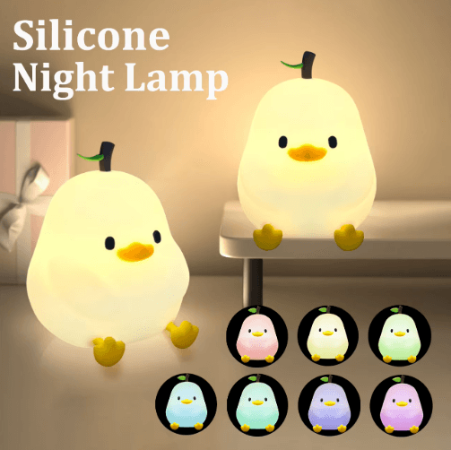 Cute Pear Duck Night Light – 7-Color Touch Control USB Rechargeable Silicone Lamp