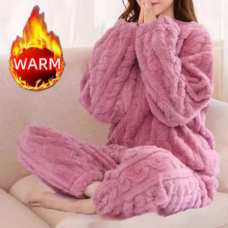Womens Winter Pajama Set Long Sleeve Top And Elastic Waist Pants