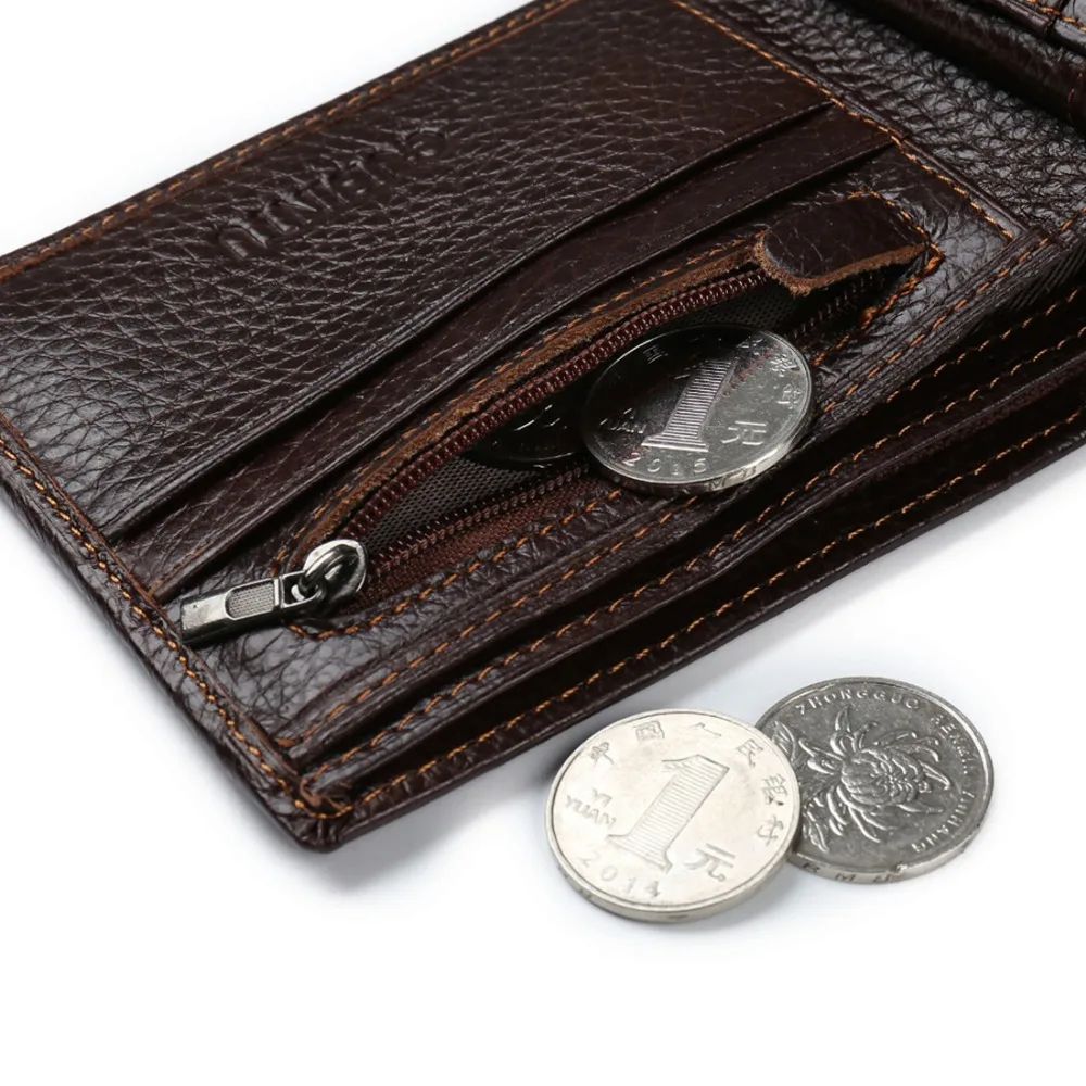 Genuine Leather Mens Wallet with Coin Pocket and Zipper
